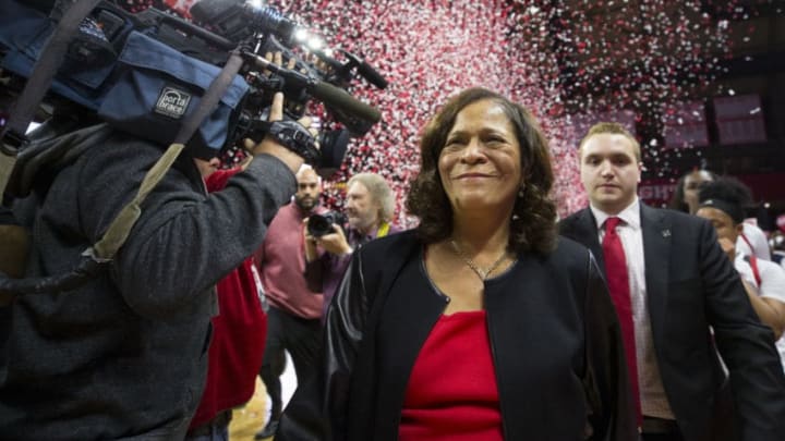 PISCATAWAY, NJ - NOVEMBER 13: Head coach C. Vivian Stringer of the Rutgers Scarlet Knights celebrates her 1,000 career win after defeating the Central Connecticut State Blue Devils at the Rutgers Athletic Center on November 13, 2018 in Piscataway, New Jersey. (Photo by Mitchell Leff/Getty Images)