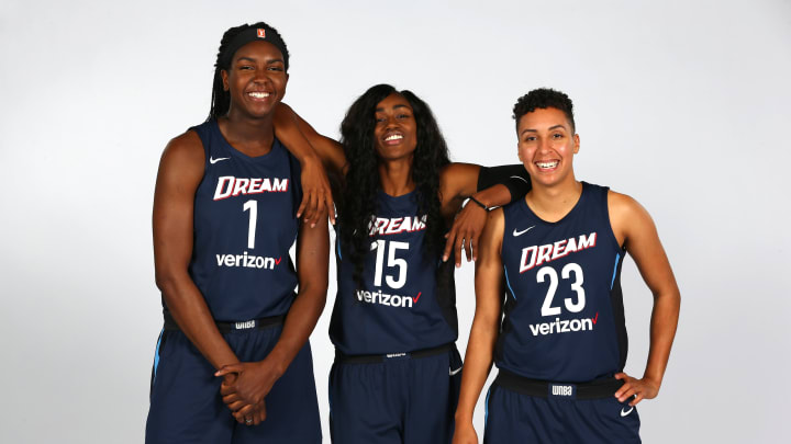 ATLANTA, GA – MAY 7: Elizabeth Williams #1, Tiffany Hayes #15, and Layshia Clarendon #23 of the Atlanta Dream pose for a head shot at WNBA Media Day at McCamish Pavilion on May 7, 2018 in Atlanta, Georgia. NOTE TO USER: User expressly acknowledges and agrees that, by downloading and/or using this photograph, user is consenting to the terms and conditions of the Getty Images License Agreement. Mandatory Copyright Notice: Copyright 2018 NBAE (Photo by Kevin Liles/NBAE via Getty Images)