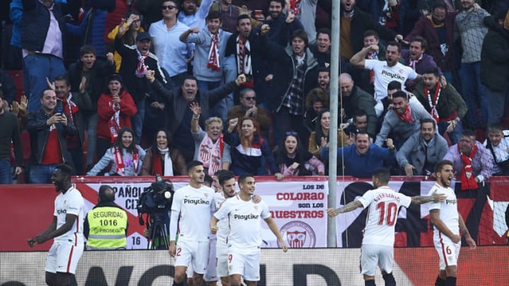 SEVILLE, SPAIN - JANUARY 06: Wissam Ben Yedder of Sevilla FC celebrates after scoring during the La Liga match between Sevilla FC and Club Atletico de Madrid at Estadio Ramon Sanchez Pizjuan on January 06, 2019 in Seville, Spain. (Photo by Aitor Alcalde/Getty Images)