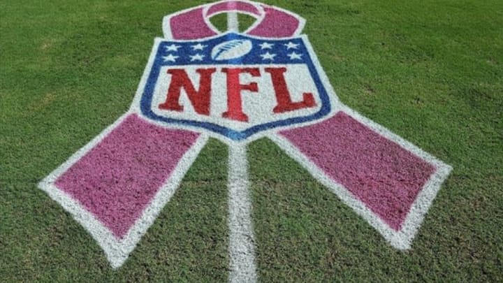 Oct 6, 2013; Miami Gardens, FL, USA; A NFL logo is displayed on the field in honor of breast cancer awareness month before a game between the Baltimore Ravens and the Miami Dolphins at Sun Life Stadium. Mandatory Credit: Steve Mitchell-USA TODAY Sports