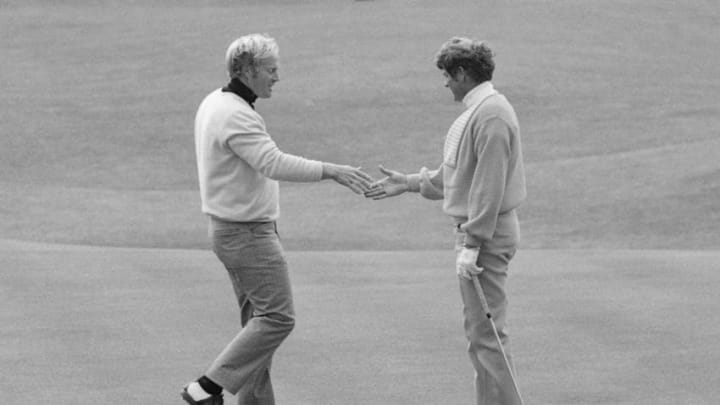 Jack Nicklaus of the USA is congratulated by Doug Sanders of the USA after his play-off victory in the 1970 Open Championship at The Old Course in St Andrews, Scotland