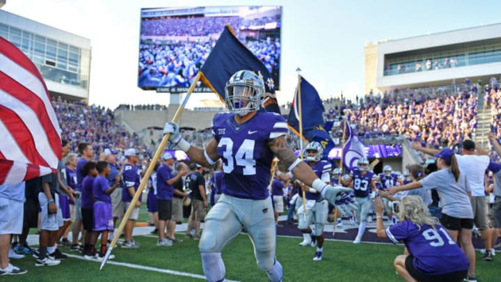 MANHATTAN, KS - SEPTEMBER 01: Rrunning back Alex Barnes #34 of the Kansas State Wildcats leads the team out onto the field prior to a game against the South Dakota Coyotes on September 1, 2018 at Bill Snyder Family Stadium in Manhattan, Kansas. (Photo by Peter G. Aiken/Getty Images)