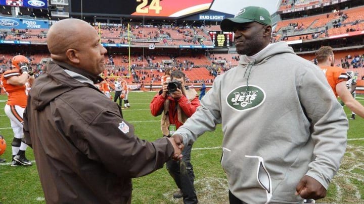 Oct 30, 2016; Cleveland, OH, USA; Cleveland Browns head coach Hue Jackson shakes hands with New York Jets head coach Todd Bowles after the game at FirstEnergy Stadium. Mandatory Credit: Ken Blaze-USA TODAY Sports