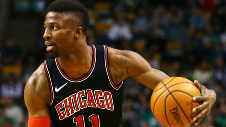 BOSTON, MA - APRIL 6: David Nwaba #11 of the Chicago Bulls dribbles during a game against the Boston Celtics at TD Garden on April 6, 2018 in Boston, Massachusetts. NOTE TO USER: User expressly acknowledges and agrees that, by downloading and or using this photograph, User is consenting to the terms and conditions of the Getty Images License Agreement. (Photo by Adam Glanzman/Getty Images) *** Local Caption ***