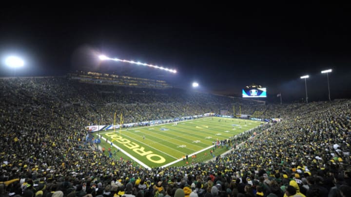 General view of the Pac-12 Championship game between the UCLA Bruins and the Oregon Ducks at Autzen Stadium. Mandatory Credit: Kirby Lee/Image of Sport-USA TODAY Sports