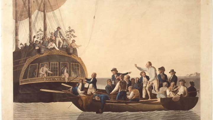 Fletcher Christian and the mutineers sent Lieutenant William Bligh and 18 others adrift in a 1790 painting by Robert Dodd.