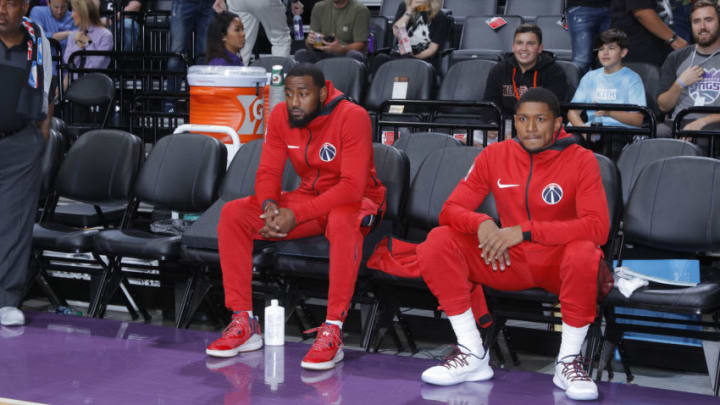 SACRAMENTO, CA - OCTOBER 26: John Wall #2 and Bradley Beal #3 of the Washington Wizards look on during the game against the Sacramento Kings on October 26, 2018 at Golden 1 Center in Sacramento, California. NOTE TO USER: User expressly acknowledges and agrees that, by downloading and or using this photograph, User is consenting to the terms and conditions of the Getty Images Agreement. Mandatory Copyright Notice: Copyright 2018 NBAE (Photo by Rocky Widner/NBAE via Getty Images)