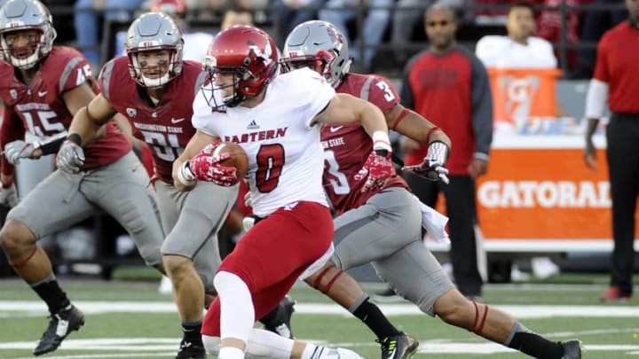 Sep 3, 2016; Pullman, WA, USA; Eastern Washington Eagles wide receiver Cooper Kupp (10) is chase down by Washington State Cougars linebacker Dylan Hanser (33) during the first half at Martin Stadium. Mandatory Credit: James Snook-USA TODAY Sports