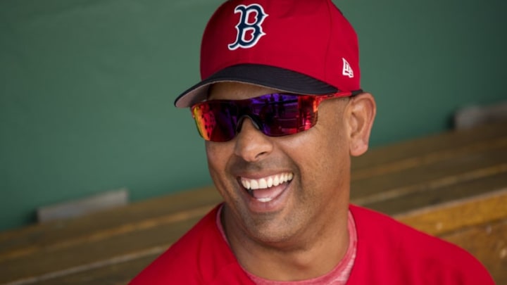 FORT MYERS, FL - FEBRUARY 25: Manager Alex Cora of the Boston Red Sox reacts during a game against the Baltimore Orioles at JetBlue Park at Fenway South on February 25, 2018 in Fort Myers, Florida. (Photo by Billie Weiss/Boston Red Sox/Getty Images)
