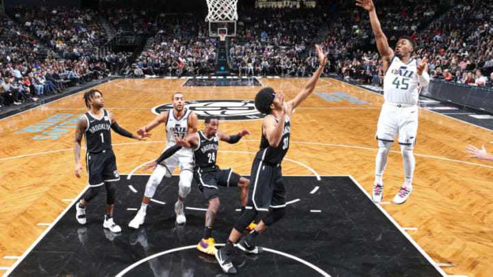 BROOKLYN, NY - NOVEMBER 28: Donovan Mitchell #45 of the Utah Jazz shoots the ball against the Brooklyn Nets on November 28, 2018 at Barclays Center in Brooklyn, New York. NOTE TO USER: User expressly acknowledges and agrees that, by downloading and/or using this photograph, user is consenting to the terms and conditions of the Getty Images License Agreement. Mandatory Copyright Notice: Copyright 2018 NBAE (Photo by Nathaniel S. Butler/NBAE via Getty Images)