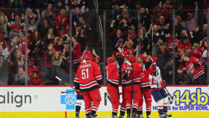 RALEIGH, NC – DECEMBER 28: Carolina Hurricanes celebrate a goal during the 1st half of the Carolina Hurricanes game versus the Washington Capitals on December 28th, 2019 at PNC Arena in Raleigh, NC (Photo by Jaylynn Nash/Icon Sportswire via Getty Images)