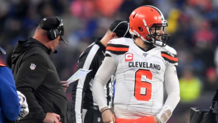 FOXBOROUGH, MA - OCTOBER 27, 2019: Quarterback Baker Mayfield #6 of the Cleveland Browns talks with head coach Freddie Kitchens on the sideline in the first quarter of a game against the New England Patriots on October 27, 2019 at Gillette Stadium in Foxborough, Massachusetts. New England won 27-13. (Photo by: 2019 Nick Cammett/Diamond Images via Getty Images)