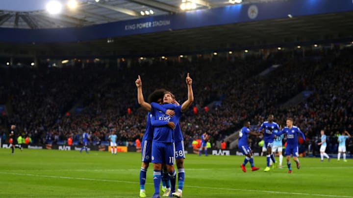 LEICESTER, ENGLAND - DECEMBER 26: Marc Albrighton of Leicester City celebrates after scoring his team's first goal with his team mates during the Premier League match between Leicester City and Manchester City at The King Power Stadium on December 26, 2018 in Leicester, United Kingdom. (Photo by Catherine Ivill/Getty Images)