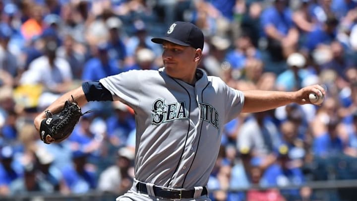 Jul 10, 2016; Kansas City, MO, USA; Seattle Mariners pitcher Mike Montgomery (37) delivers a pitch against the Kansas City Royals during the first inning at Kauffman Stadium. Mandatory Credit: Peter G. Aiken-USA TODAY Sports