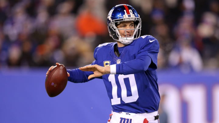 Dec 11, 2016; East Rutherford, NJ, USA; New York Giants quarterback Eli Manning (10) drops back to pass against the Dallas Cowboys during the third quarter at MetLife Stadium. Mandatory Credit: Brad Penner-USA TODAY Sports