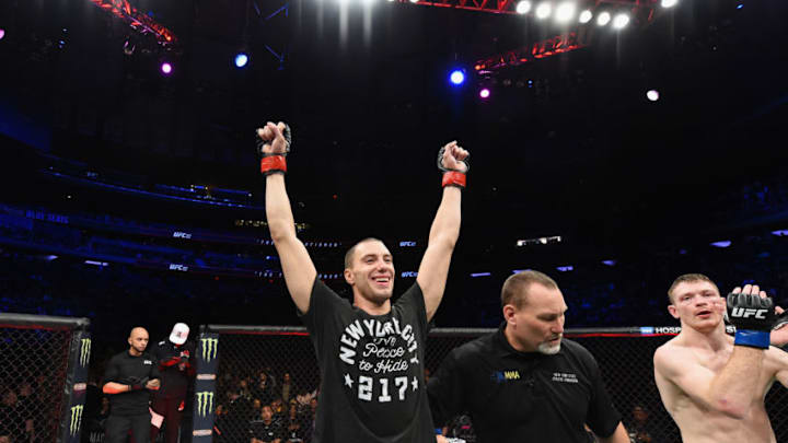 NEW YORK, NY - NOVEMBER 04: James Vick celebrates after bringing down Joe Duffy of Ireland in their lightweight bout during the UFC 217 event at Madison Square Garden on November 4, 2017 in New York City. (Photo by Josh Hedges/Zuffa LLC/Zuffa LLC via Getty Images)