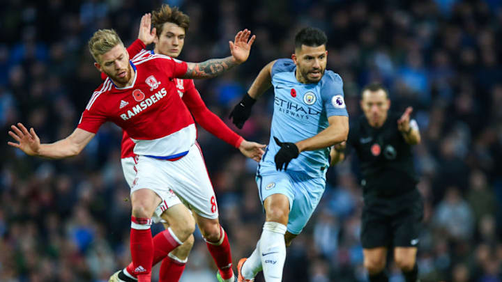 MANCHESTER, ENGLAND - NOVEMBER 05: Adam Clayton of Middlesbrough and Sergio Aguero of Manchester City during the Premier League match between Manchester City and Middlesbrough at Etihad Stadium on November 5, 2016 in Manchester, England. (Photo by Robbie Jay Barratt - AMA/Getty Images)