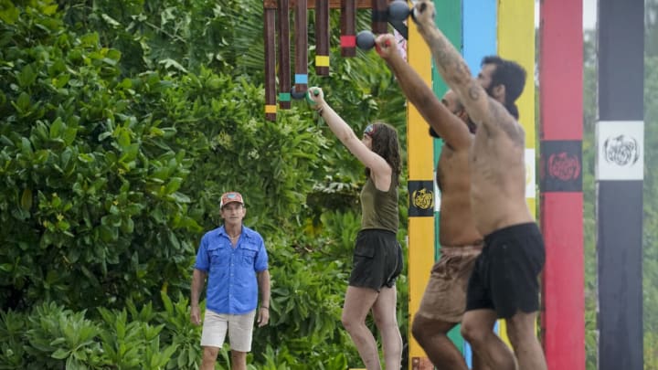 “Under the Wing of a Dragon” – Castaways must negotiate to earn a big pot of rice for the entire tribe. Then, the castaways will need to put their best foot forward to earn immunity at the next tribal council, on SURVIVOR, Wednesday, April 26, (8:00-9:00 PM, ET/PT) on the CBS Television Network, and available to stream live and on demand on Paramount+. Pictured (L-R): Jeff Probst, Frannie Marin, Yamil “Yam Yam” Arocho and Danny Massa. Photo: Robert Voets/CBS ©2022 CBS Broadcasting, Inc. All Rights Reserved