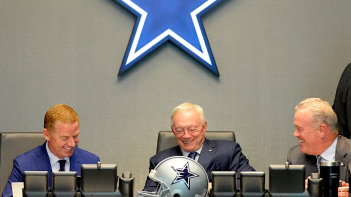 Dallas Cowboys owner Jerry Jones, center, talks with head coach Jason Garrett, left, and Stephen Jones in the Dallas Cowboys' Draft War Room at Ford Center at The Star in Frisco, Texas, on Thursday, April 27, 2017. (Max Faulkner/Fort Worth Star-Telegram/TNS via Getty Images)