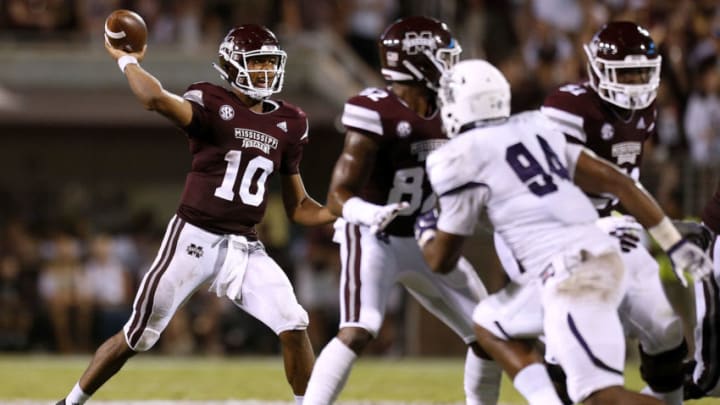 STARKVILLE, MS - SEPTEMBER 01: Keytaon Thompson #10 of the Mississippi State Bulldogs throws the ball during the first half against the Stephen F. Austin Lumberjacks at Davis Wade Stadium on September 1, 2018 in Starkville, Mississippi. (Photo by Jonathan Bachman/Getty Images)