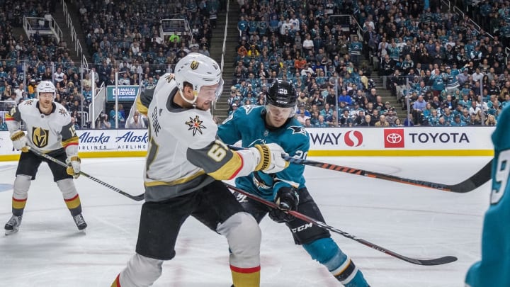 SAN JOSE, CA – APRIL 23: Vegas Golden Knights right wing Mark Stone (61) and San Jose Sharks left wing Marcus Sorensen (20) tie each other up during Game 7, Round 1 between the Vegas Golden Knights and the San Jose Sharks on Tuesday, April 23, 2019 at the SAP Center in San Jose, California. (Photo by Douglas Stringer/Icon Sportswire via Getty Images)