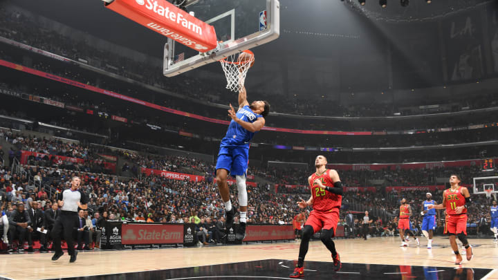 LOS ANGELES, CA – NOVEMBER 16: Jerome Robinson #1 of the LA Clippers dunks the ball against the Atlanta Hawks on November 16, 2019 at STAPLES Center in Los Angeles, California. NOTE TO USER: User expressly acknowledges and agrees that, by downloading and/or using this Photograph, user is consenting to the terms and conditions of the Getty Images License Agreement. Mandatory Copyright Notice: Copyright 2019 NBAE (Photo by Andrew D. Bernstein/NBAE via Getty Images)