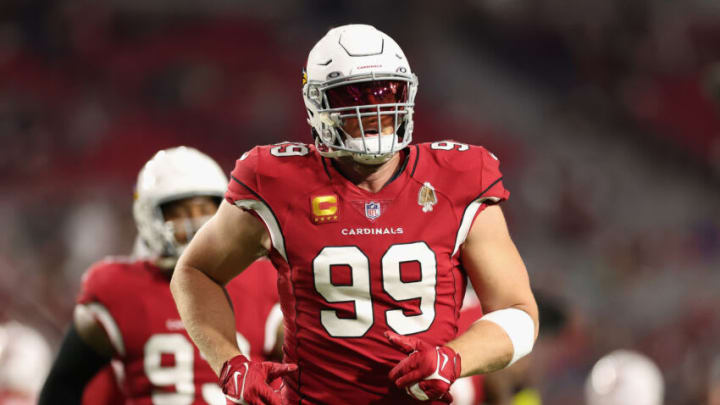 GLENDALE, ARIZONA - DECEMBER 25: Defensive end J.J. Watt #99 of the Arizona Cardinals warms up before the NFL game against the Tampa Bay Buccaneers at State Farm Stadium on December 25, 2022 in Glendale, Arizona. The Buccaneers defeated the Cardinals 19-16 in overtime. (Photo by Christian Petersen/Getty Images)
