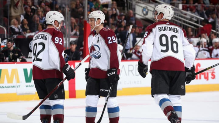 Gabriel Landeskog #92, Nathan MacKinnon #29 and Mikko Rantanen #96 of the Colorado Avalanche (Photo by Christian Petersen/Getty Images)