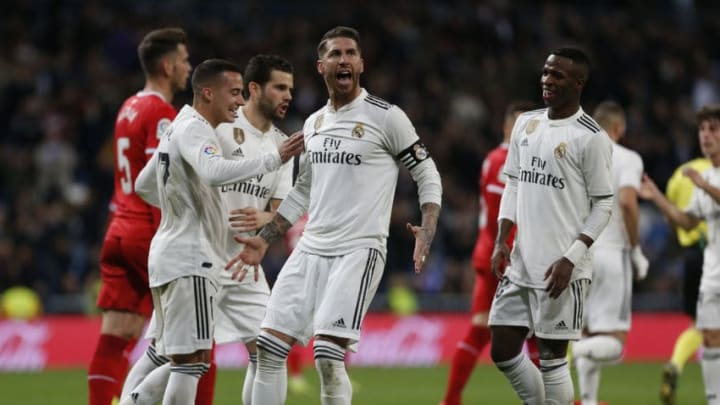 SANTIAGO BERNABÃ©U, MADRID, SPAIN - 2019/01/25: Sergio Ramos (Real Madrid) seen celebrating after scoring a goal during the Copa del Rey Round of quarter-final first leg match between Real Madrid CF and Girona FC at the Santiago Bernabeu Stadium in Madrid, Spain.( Final score Real Madrid CF 4:2 Girona FC ). (Photo by Manu Reino/SOPA Images/LightRocket via Getty Images)