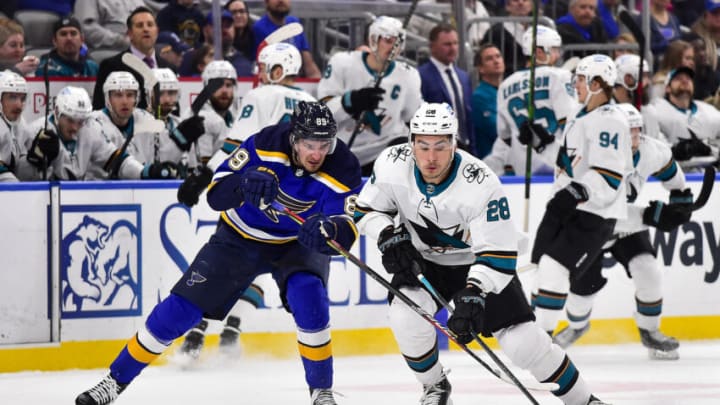 San Jose Sharks right wing Timo Meier (28) handles the puck as St. Louis Blues right wing Pavel Buchnevich (89) defends during the first period at Enterprise Center. Mandatory Credit: Jeff Curry-USA TODAY Sports