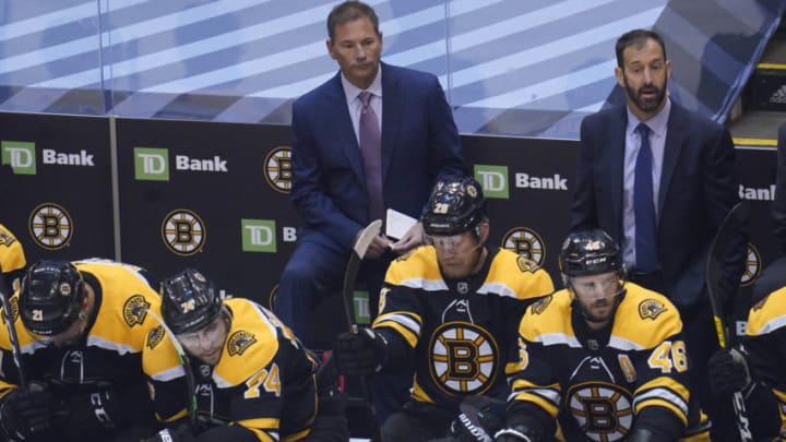 Aug 29, 2020; Toronto, Ontario, CAN; Boston Bruins head coach Bruce Cassidy during the first period in game four of the second round of the 2020 Stanley Cup Playoffs against the Tampa Bay Lightning at Scotiabank Arena. Mandatory Credit: John E. Sokolowski-USA TODAY Sports