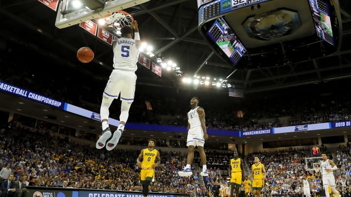 COLUMBIA, SOUTH CAROLINA – MARCH 22: RJ Barrett #5 of the Duke Blue Devils dunks the ball as teammate Zion Williamson #1 celebrates against the North Dakota State Bison in the second half during the first round of the 2019 NCAA Men’s Basketball Tournament at Colonial Life Arena on March 22, 2019 in Columbia, South Carolina. (Photo by Kevin C. Cox/Getty Images)