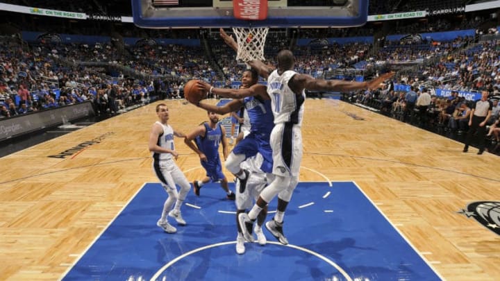 ORLANDO, FL - OCTOBER 5: Dennis Smith Jr. #1 of the Dallas Mavericks goes to the basket against the Orlando Magic during a preseason game on October 5, 2017 at Amway Center in Orlando, Florida. NOTE TO USER: User expressly acknowledges and agrees that, by downloading and or using this photograph, User is consenting to the terms and conditions of the Getty Images License Agreement. Mandatory Copyright Notice: Copyright 2017 NBAE (Photo by Fernando Medina/NBAE via Getty Images)