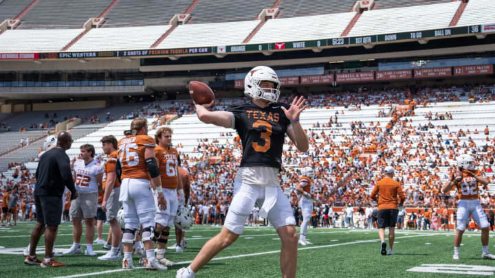 Texas quarterback Quinn Ewers (3) warms up ahead of the Longhorn’s Orange and White spring football game in Darrell K Royal-Texas Memorial Stadium, Saturday, April 15, 2023.Ewers