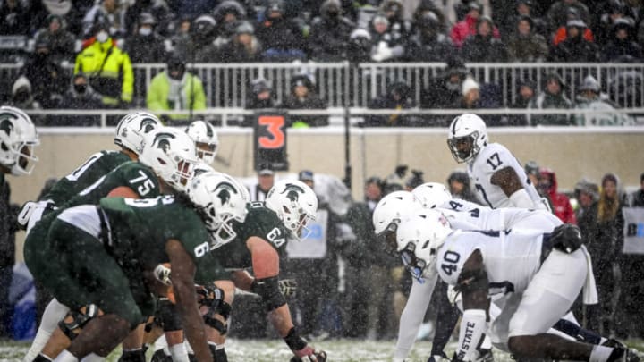 EAST LANSING, MICHIGAN - NOVEMBER 27: The Michigan State Spartans and Penn State Nittany Lions face off at Spartan Stadium on November 27, 2021 in East Lansing, Michigan. (Photo by Nic Antaya/Getty Images)