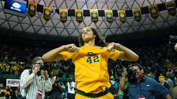 Mar 26, 2013; Waco, TX, USA; Baylor Bears center Brittney Griner (42) celebrates the victory against the Florida State Seminoles during the second round of the 2013 NCAA womens basketball tournament at the Ferrell Center. Mandatory Credit: Kevin Jairaj-USA TODAY Sports