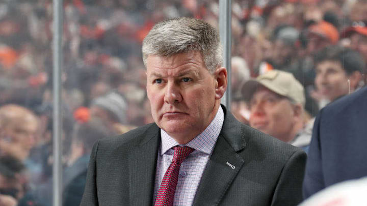 PHILADELPHIA, PA - NOVEMBER 23: Head Coach of the Calgary Flames Bill Peters looks on during his team's game against the Philadelphia Flyers on November 23, 2019 at the Wells Fargo Center in Philadelphia, Pennsylvania. (Photo by Len Redkoles/NHLI via Getty Images)