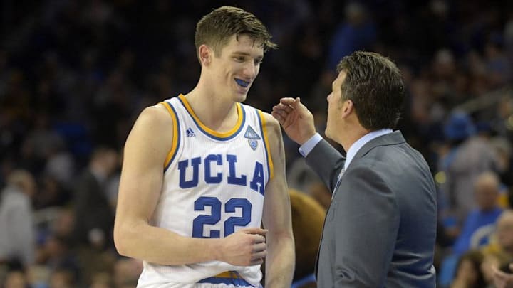 December 10, 2016; Los Angeles, CA, USA; UCLA Bruins forward TJ Leaf (22) is greeted by head coach Steve Alford after checking out of play against the Michigan Wolverines during the second half at Pauley Pavilion. Mandatory Credit: Gary A. Vasquez-USA TODAY Sports