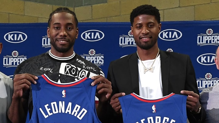 LOS ANGELES, CALIFORNIA – JULY 24: Kawhi Leonard and Paul George of the Los Angeles Clippers are introduced at Green Meadows Recreation Center on July 24, 2019, in Los Angeles, California. (Photo by Kevork Djansezian/Getty Images)