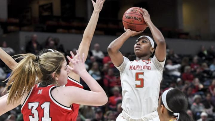 INDIANAPOLIS , IN - MARCH 3: Maryland Terrapins guard Kaila Charles (5) shoots under pressure against Nebraska during Big Ten women's basketball tournament action. (Photo by Jonathan Newton/The Washington Post via Getty Images)