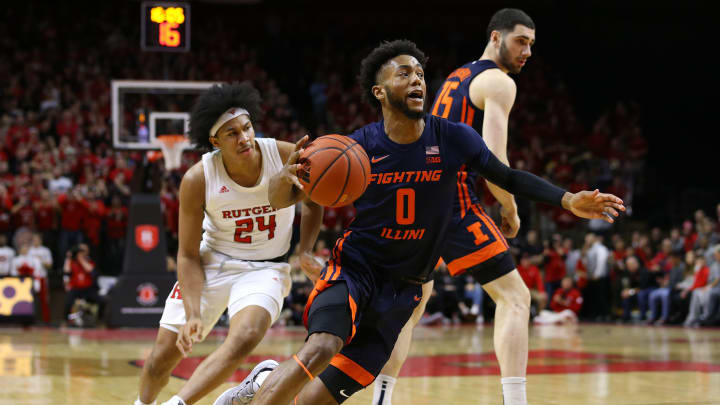 PISCATAWAY, NJ – FEBRUARY 15: Alan Griffin #0 of the Illinois Fighting Illini in action against Ron Harper Jr. #24 of the Rutgers Scarlet Knights during in a college basketball game at Rutgers Athletic Center on February 15, 2020 in Piscataway, New Jersey. (Photo by Rich Schultz/Getty Images)
