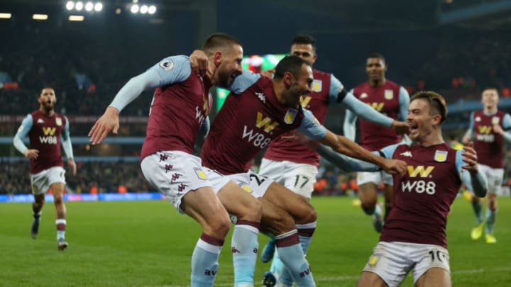 BIRMINGHAM, ENGLAND - DECEMBER 26: Conor Hourihane of Aston Villa celebrates with team-mates after scoring the opening goal during the Premier League match between Aston Villa and Norwich City at Villa Park on December 26, 2019 in Birmingham, United Kingdom. (Photo by Paul Harding/Getty Images)