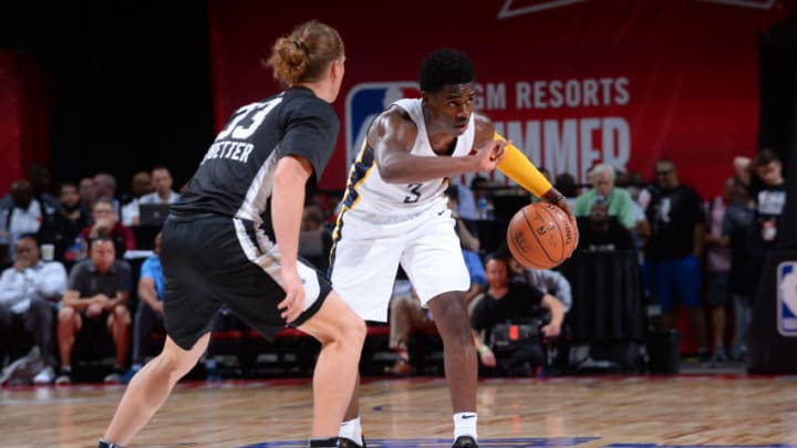 LAS VEGAS, NV - JULY 7: Aaron Holiday #3 of the Indiana Pacers handles the ball against the San Antonio Spurs during the 2018 Las Vegas Summer League on July 7, 2018 at the Thomas & Mack Center in Las Vegas, Nevada. NOTE TO USER: User expressly acknowledges and agrees that, by downloading and/or using this Photograph, user is consenting to the terms and conditions of the Getty Images License Agreement. Mandatory Copyright Notice: Copyright 2018 NBAE (Photo by Bart Young/NBAE via Getty Images)