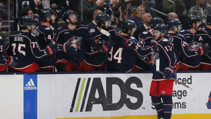 Jan 12, 2023; Columbus, Ohio, USA; Columbus Blue Jackets left wing Johnny Gaudreau (13) celebrates his goal against the Carolina Hurricanes during the third period at Nationwide Arena. Mandatory Credit: Russell LaBounty-USA TODAY Sports