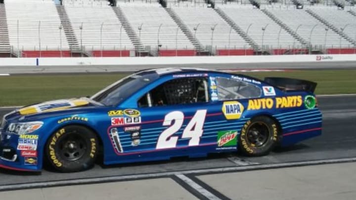 Chase Elliott's #24 NAPA Car sitting on the track at AMS on Monday (Staff Photo)