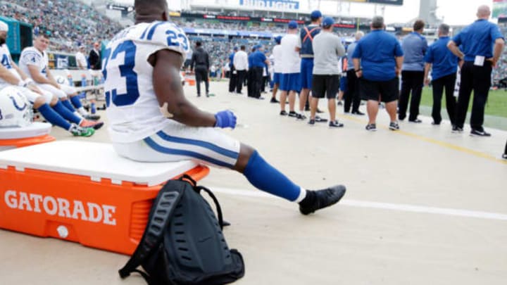 JACKSONVILLE, FL – DECEMBER 03: Frank Gore #23 of the Indianapolis Colts waits in the bench area in the second half of their game against the Jacksonville Jaguars at EverBank Field on December 3, 2017 in Jacksonville, Florida. (Photo by Logan Bowles/Getty Images)