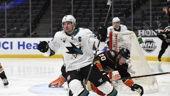 ANAHEIM, CA - FEBRUARY 05: Logan Couture #39 of the San Jose Sharks celebrates after scoring a goal against goalkeeper John Gibson #36 of the Anaheim Ducks during the third period at Honda Center on February 5, 2021 in Anaheim, California. (Photo by Kevork Djansezian/Getty Images)