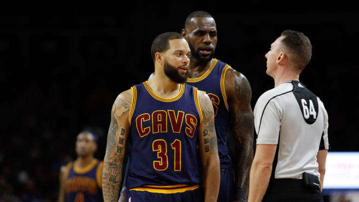Mar 9, 2017; Auburn Hills, MI, USA; Cleveland Cavaliers guard Deron Williams (31) and forward LeBron James (23) talk to referee Justin Van Duyne (64) during the third quarter against the Detroit Pistons at The Palace of Auburn Hills. Pistons won 106-101. Mandatory Credit: Raj Mehta-USA TODAY Sports