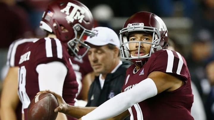 COLLEGE STATION, TEXAS - NOVEMBER 24: Kellen Mond #11 of the Texas A&M Aggies throws a pass during warm ups before playing the LSU Tigers at Kyle Field on November 24, 2018 in College Station, Texas. (Photo by Bob Levey/Getty Images)