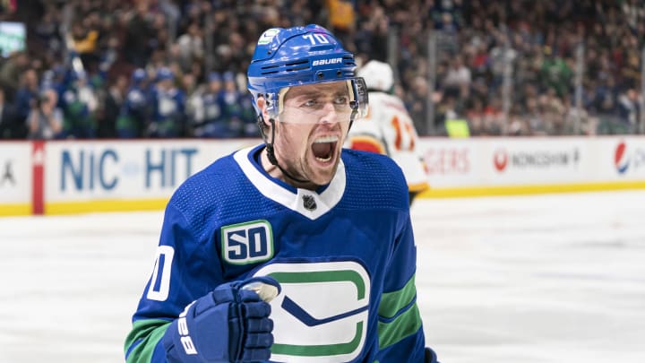 Tanner Pearson #70 of the Vancouver Canucks celebrates after scoring a goal  (Photo by Rich Lam/Getty Images)